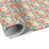 ターコイズのピンクとアイボリーの花 ラッピングペーパー (ロールコーナー)