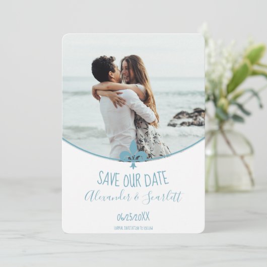 ターコイズのフルール・ド・リス写真 Save The Date 発表 案内状 (スタンド正面)