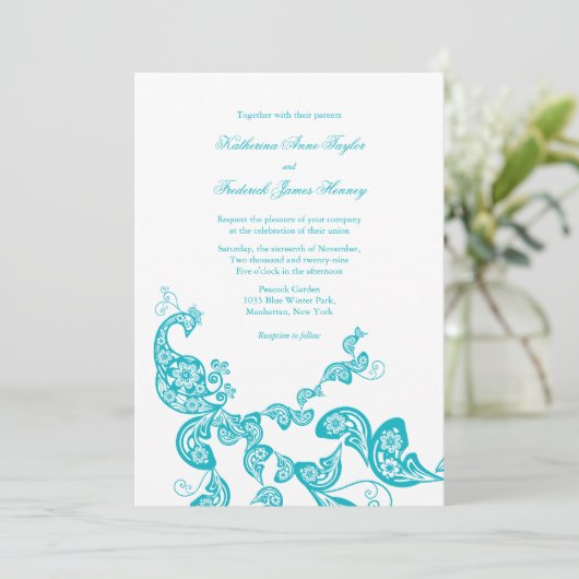ターコイズのペイズリーの孔雀のシックな結婚式の招待 招待状 (スタンド正面)