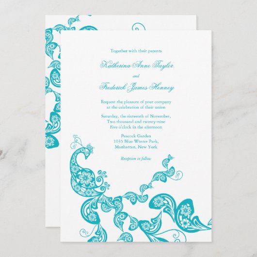 ターコイズのペイズリーの孔雀のシックな結婚式の招待 招待状 (正面/裏面)