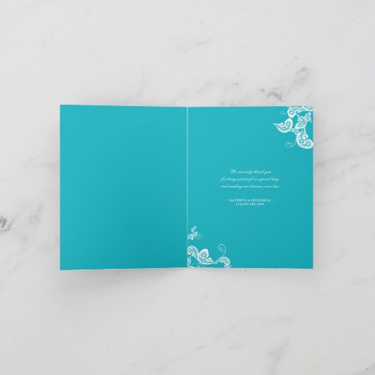 ターコイズのペイズリーの花の孔雀のBohoのシックな結婚式 サンキューカード (内部)