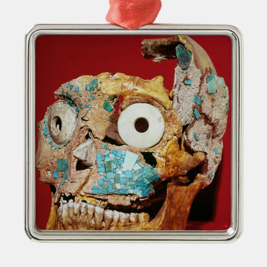 ターコイズのモザイクと飾られるスカル メタルオーナメント (正面)