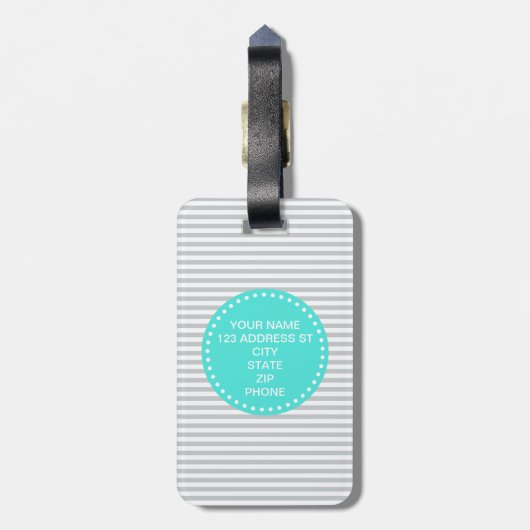 ターコイズのモノグラムが付いている灰色の罰金のストライプ ラゲッジタグ (裏面縦)
