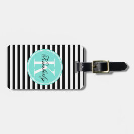 ターコイズのモノグラムが付いている白黒ストライプ ラゲッジタグ