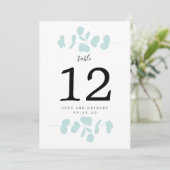 ターコイズのユーカリの結婚式テーブルナンバー 招待状 (スタンド正面)