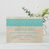 ターコイズのラスティックレースの「Save the Date」招待状 招待状 (スタンド正面)