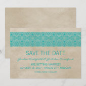ターコイズのラスティックレースの「Save the Date」招待状 招待状 (正面/裏面)