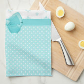 ターコイズのリボンが付いている水の青いダマスク織 キッチンタオル (四つ折り)