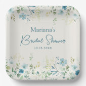 ターコイズのワイルドフラワーがベージュの花柄のブライダルシャワー ペーパープレート (正面)