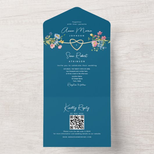 ターコイズのワイルドフラワーの結婚式 オールインワン招待状 (内側)