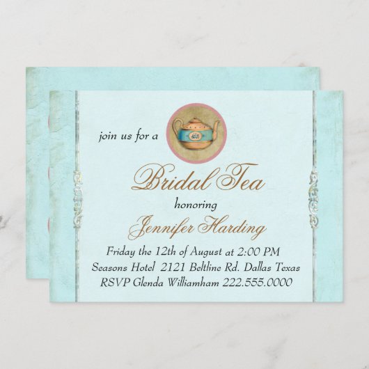 ターコイズのヴィンテージのぼろぼろの花嫁のお茶会 招待状 (正面/裏面)