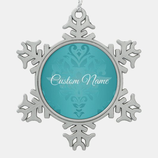 ターコイズのヴィンテージのグランジなダマスク織のプリント スノーフレークピューターオーナメント (正面)