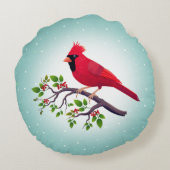 ターコイズの上の赤いカーディナル鳥 ラウンドクッション (裏面)