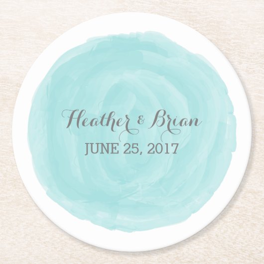 ターコイズの円形の水彩画の結婚式の紙のコースター ラウンドペーパーコースター (正面)