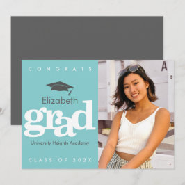 ターコイズの卒業写真　グレイの帽子　モダンで大胆な 案内状