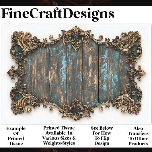 ターコイズの古い木材、縁ど金ゴールドAN7 Decopage 薄葉紙