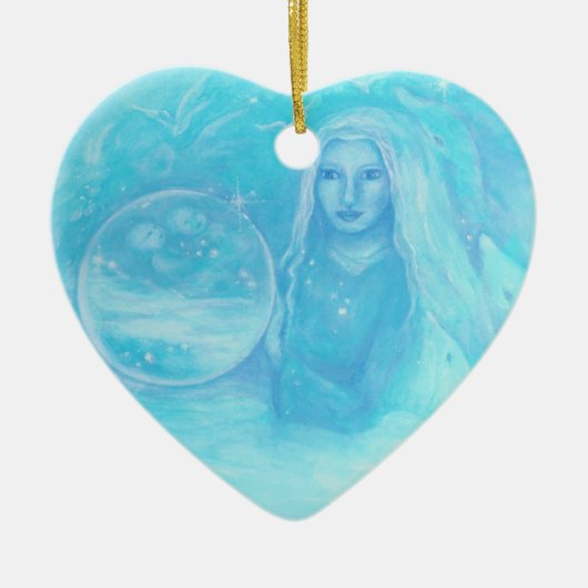 ターコイズの天使wの対のベビーのクリスマスのオーナメント セラミックオーナメント (正面)