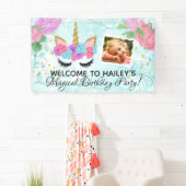 ターコイズの女の子の写真のユニコーンの誕生会 横断幕 (インサイチュ)