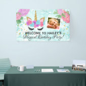 ターコイズの女の子の写真のユニコーンの誕生会 横断幕 (トレードショー)