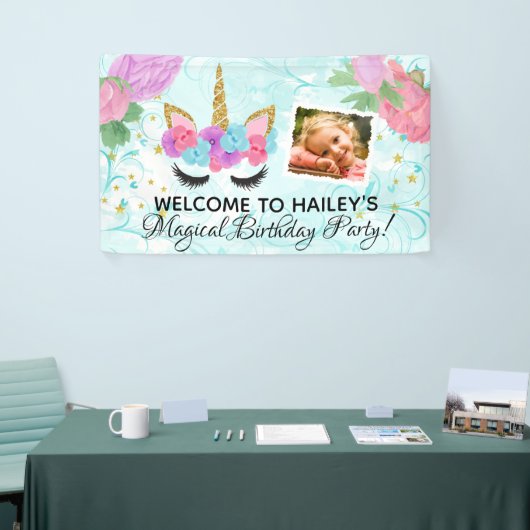 ターコイズの女の子の写真のユニコーンの誕生会 横断幕 (トレードショー)