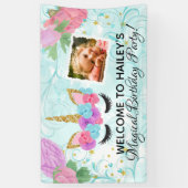 ターコイズの女の子の写真のユニコーンの誕生会 横断幕 (縦)