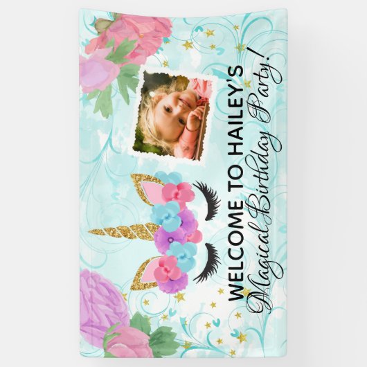 ターコイズの女の子の写真のユニコーンの誕生会 横断幕 (縦)