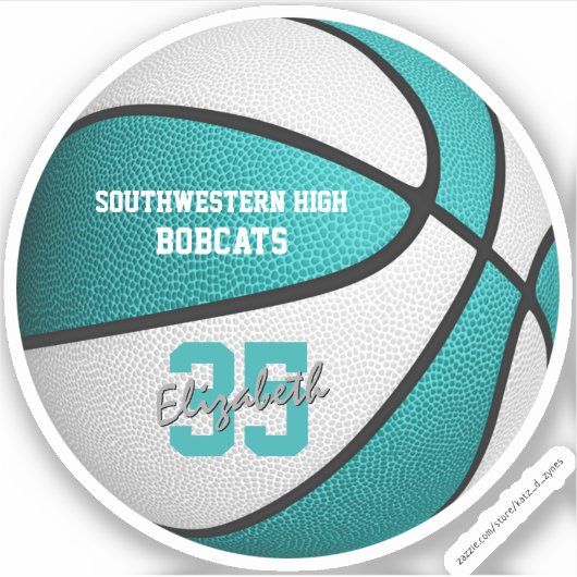 ターコイズの女子チームの白いバスケットボールの色 シール (正面)