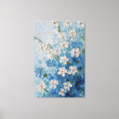 ターコイズの抽象的な壁に白と青の花 キャンバスプリント (正面)