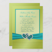ターコイズの招待状が付いているライムのプリーツのハート 招待状 (正面/裏面)
