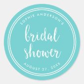 ターコイズの文字と白のストライプのブライダルシャワー ラウンドシール (正面)