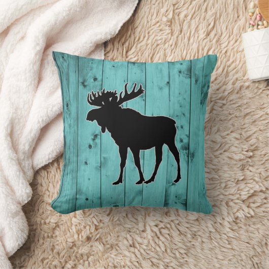 ターコイズの木製のティール(緑がかった色)によって風化させる納屋|の素朴なアメリカヘラジカ クッション (ブランケット)