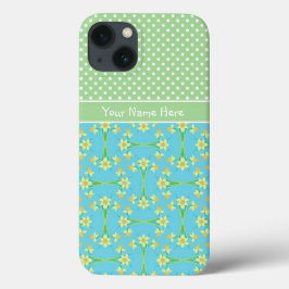 ターコイズの水仙、ソフトグリーンの白いポルカ iPhone 13ケース