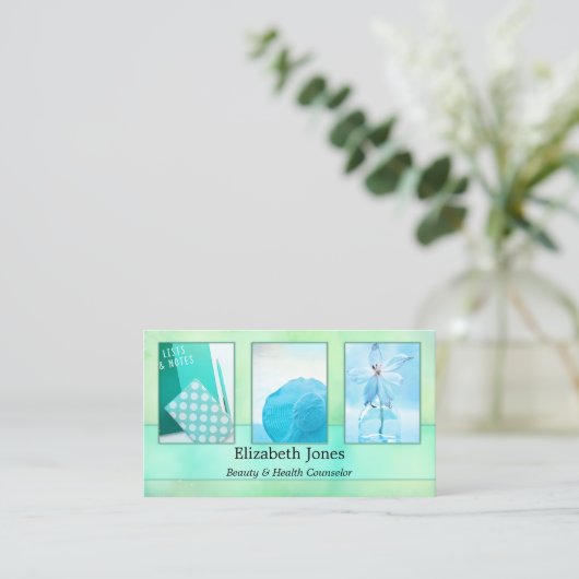 ターコイズの水彩抽象芸術あなたの写真 名刺 (スタンド正面)