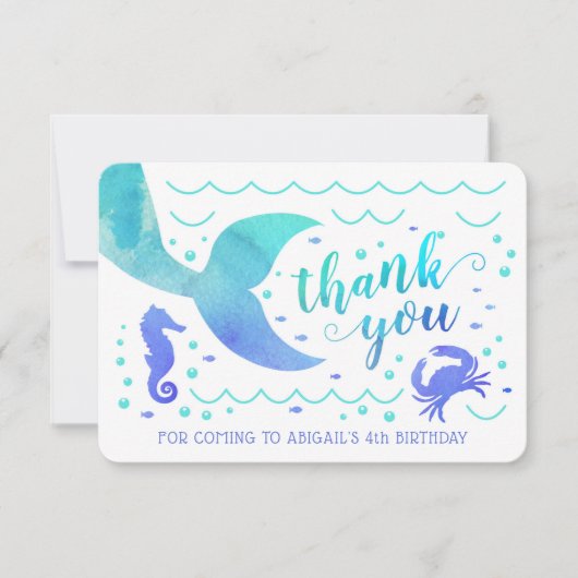 ターコイズの水彩画 マーメイドの海の世界 感謝のメッセージ 招待状 (正面)