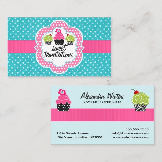 ターコイズの水玉模様のカップケーキのベーカリー 名刺 (正面/裏面)
