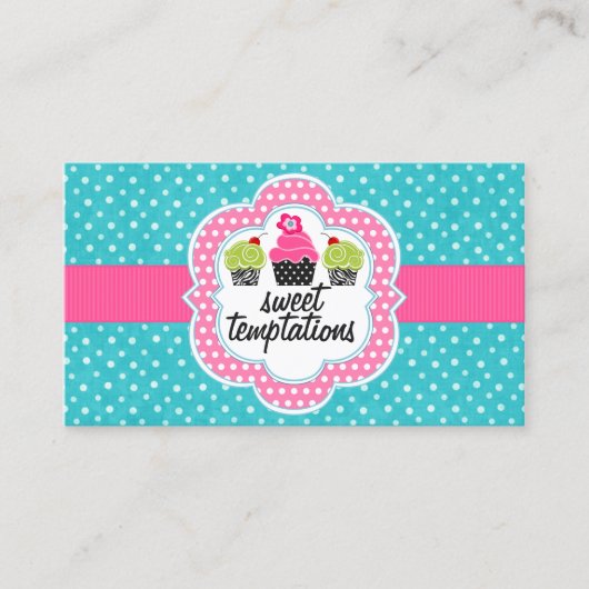 ターコイズの水玉模様のカップケーキのベーカリー 名刺 (正面)