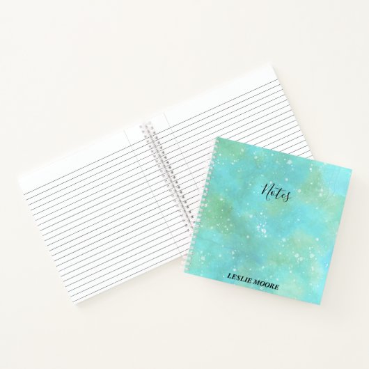 ターコイズの水色と白いスパッタのメモ ノートブック (内部)