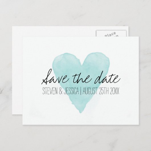 ターコイズの水色ハートは日付はがきを保存 案内ポストカード (正面/裏面)