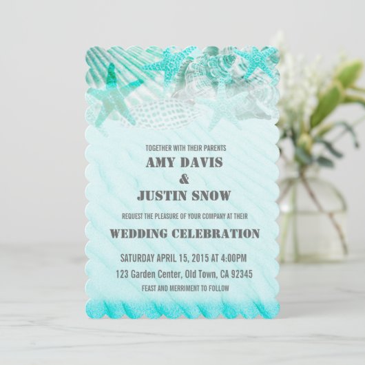 ターコイズの海の砂のヒトデの結婚式の招待 招待状 (スタンド正面)