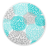 ターコイズの灰色のダリアの花柄の花の花 セラミックノブ (正面)