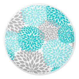 ターコイズの灰色のダリアの花柄の花の花 セラミックノブ