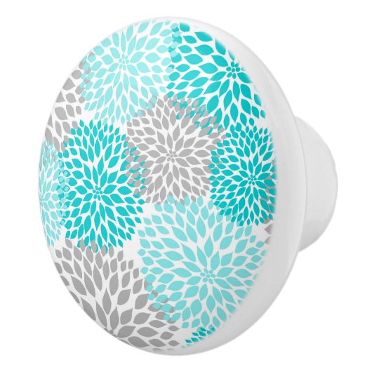 ターコイズの灰色のダリアの花柄の花の花 セラミックノブ (右)