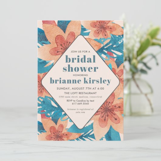 ターコイズの珊瑚の花の水彩画のブライダルシャワー 招待状 (スタンド正面)