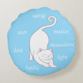 ターコイズの白い猫のヨガと編集可能なテキスト ラウンドクッション (裏面)