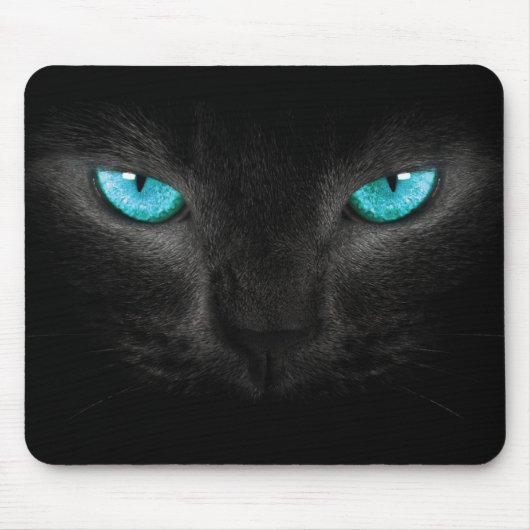 ターコイズの目が付いている黒猫の顔 マウスパッド (正面)