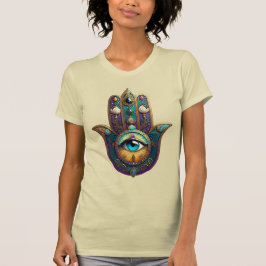 ターコイズの第三眼が付いたゴールド ヴァイオレット ティール ハムサ Tシャツ