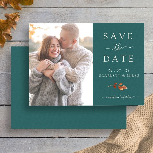 ターコイズの紅葉の写真付き結婚式の予告状 セーブザデート