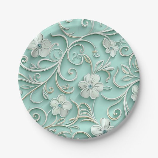 ターコイズの紙の花のシームレスパターン ペーパープレート (正面)
