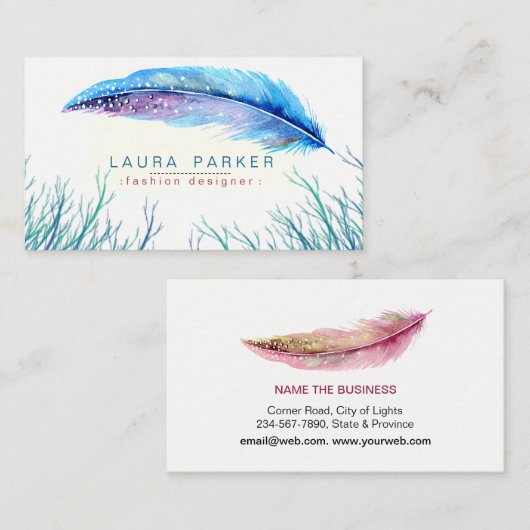 ターコイズの羽の水彩画のBohoのガーリーな上品 名刺 (正面/裏面)
