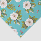 ターコイズの背景で絵を描く白い花 薄葉紙 (詳細)